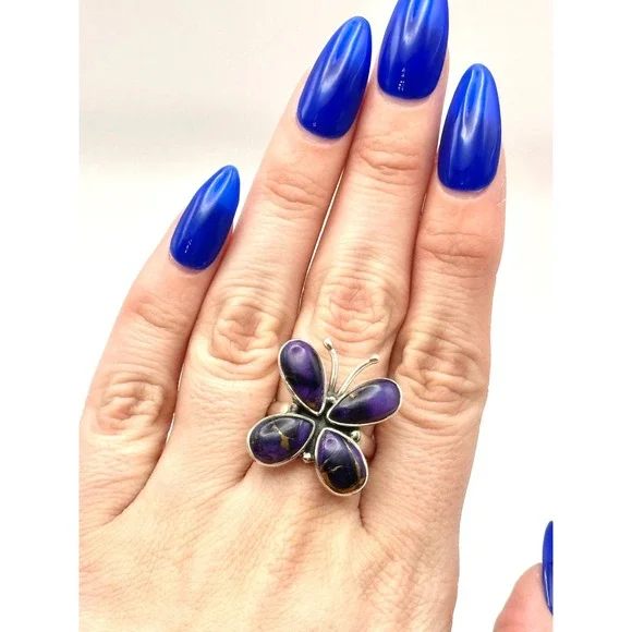 Purple Dahlia Kingman Turquoise Butterfly Sterling Silver Handmade Ring‎ Size 9